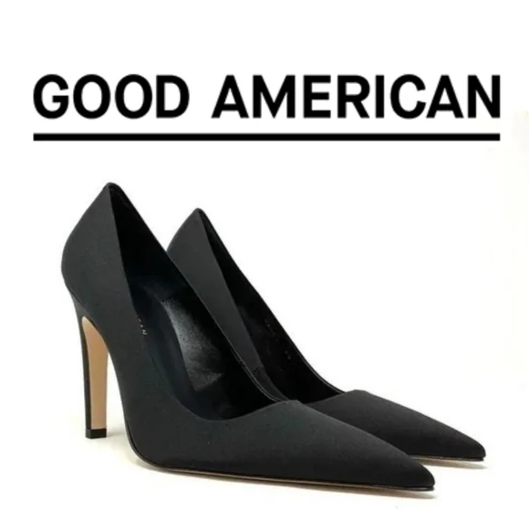 GOOD AMERICAN 🖤 The Icon Pointed Toe Pump - Black Satin - Size 7 - Picture 4 of 7